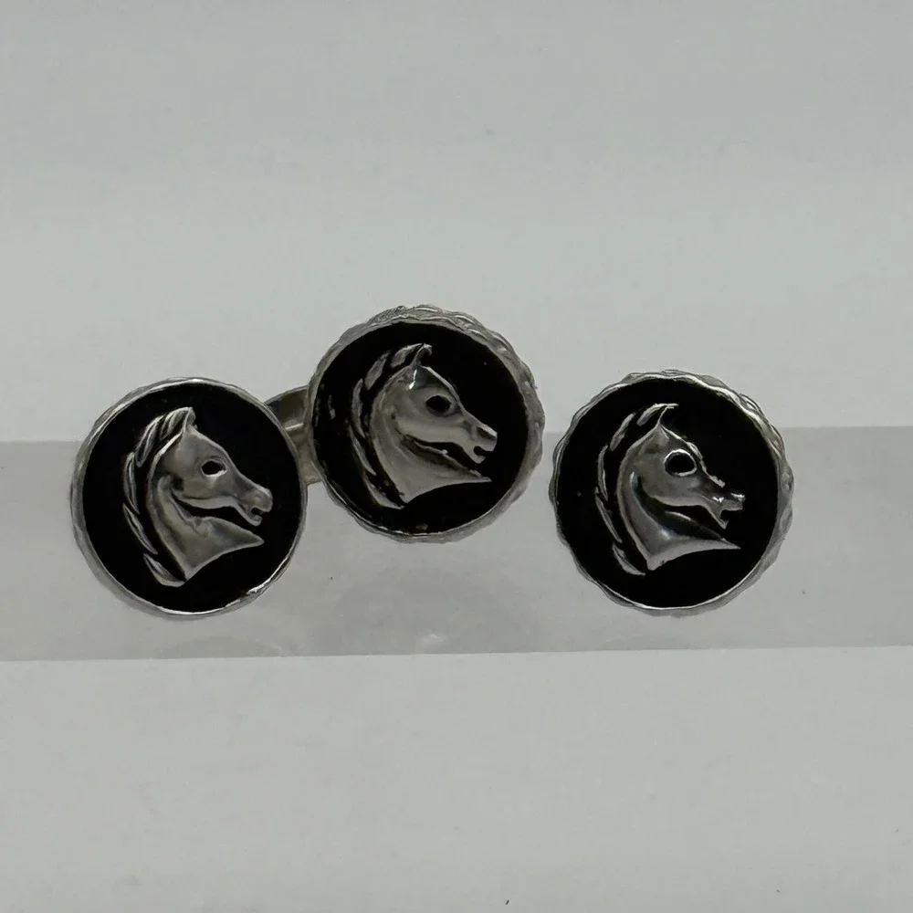 Vintage Silver Tone Horse Head Cufflinks & Tie Clip Set Black Enamel Equestrian